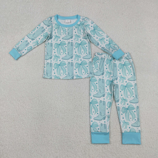 GLP2732 Baby Girls Light Blue Bows Boots Top Pants Western Pajamas Sets
