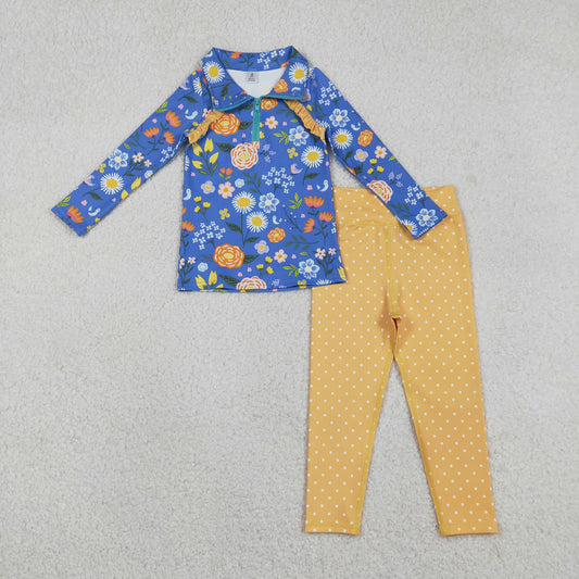 GLP2736 Baby Girls Floral Long Sleeve Zipper Pullovers Polka Dots Leggings Yoga Active Clothes Sets