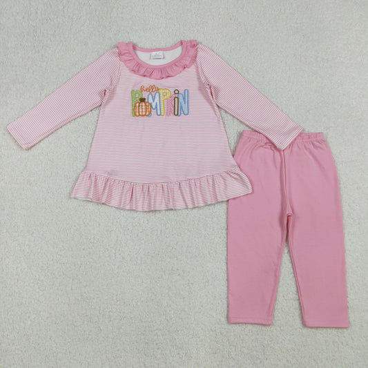 GLP2772 Baby Girls Embroidery Pumpkins Stripe Tunic Leggings Pant Fall Clothes Sets
