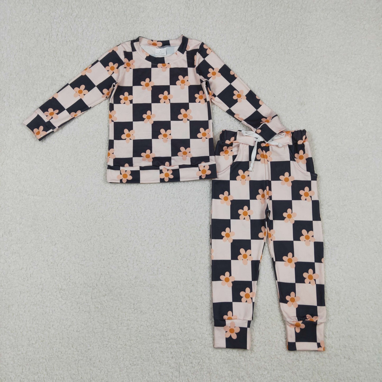 GLP2803 Baby Girls Pink Black Checked Flowers Top Pockets Leggings Clothes Sets