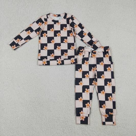 GLP2803 Baby Girls Pink Black Checked Flowers Top Pockets Leggings Clothes Sets