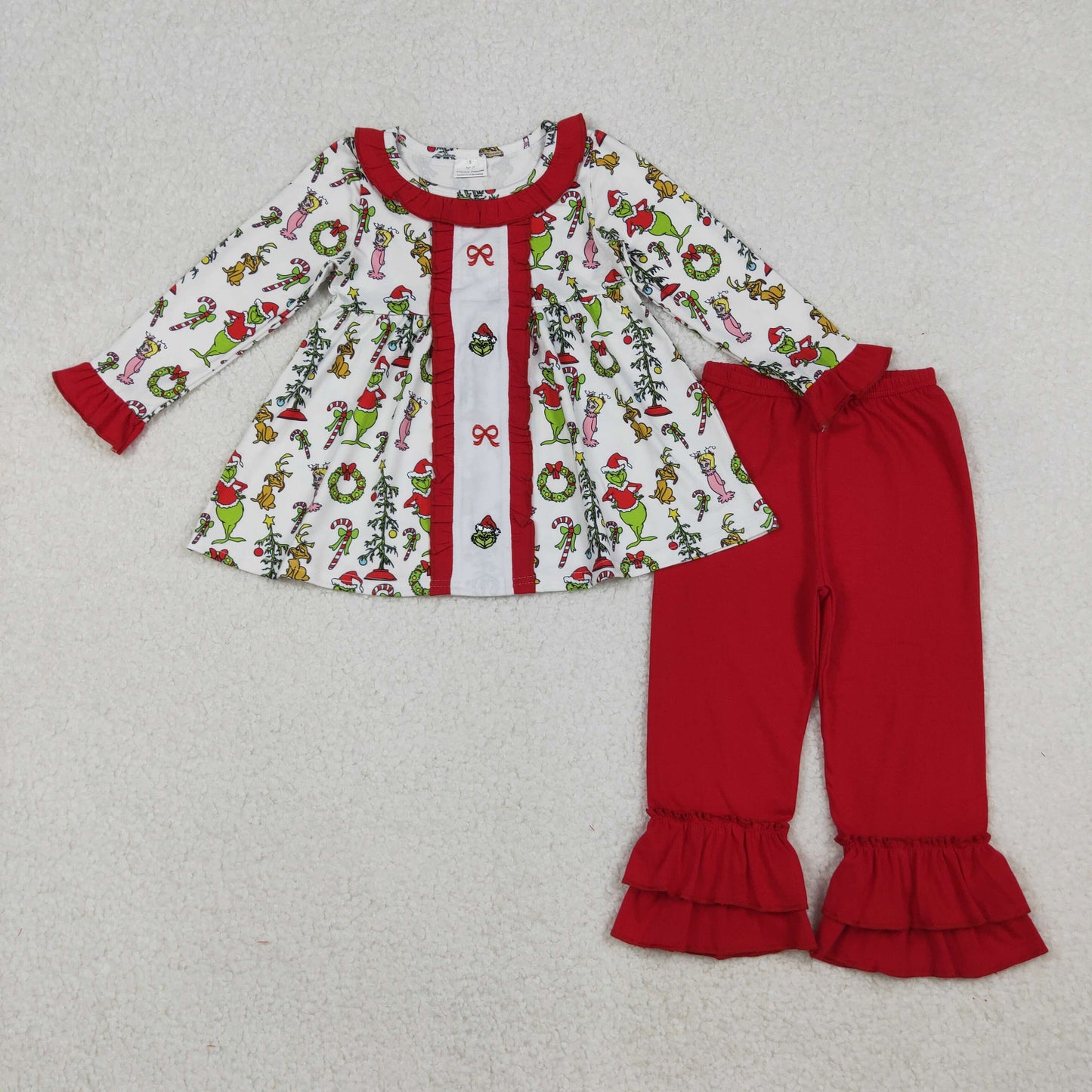 Sibling Embroidery Grin Bows Baby Girls Tunic Ruffle Pant Christmas Clothes Sets Ruffle Rompers
