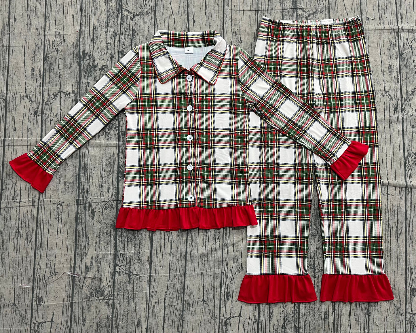 Adult Women Green Red Checked Button Top Ruffle Pant Christmas Pajamas Sets