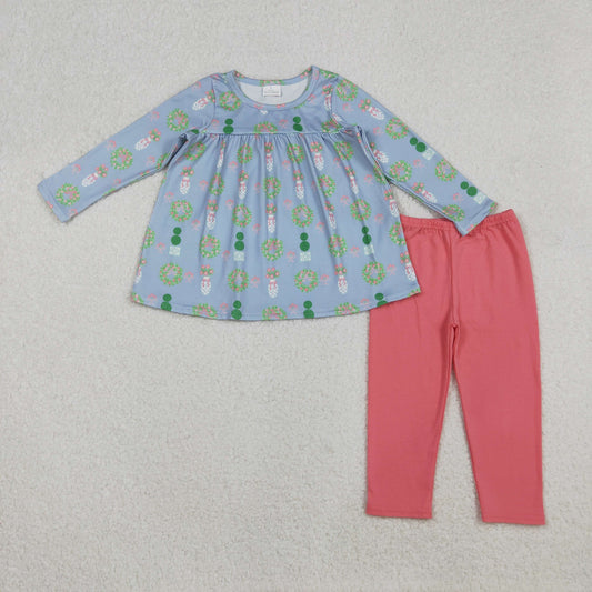 GLP2868 Baby Girls Flowers Holly Plaid Tunic Leggings Pant Christmas Clothes Sets