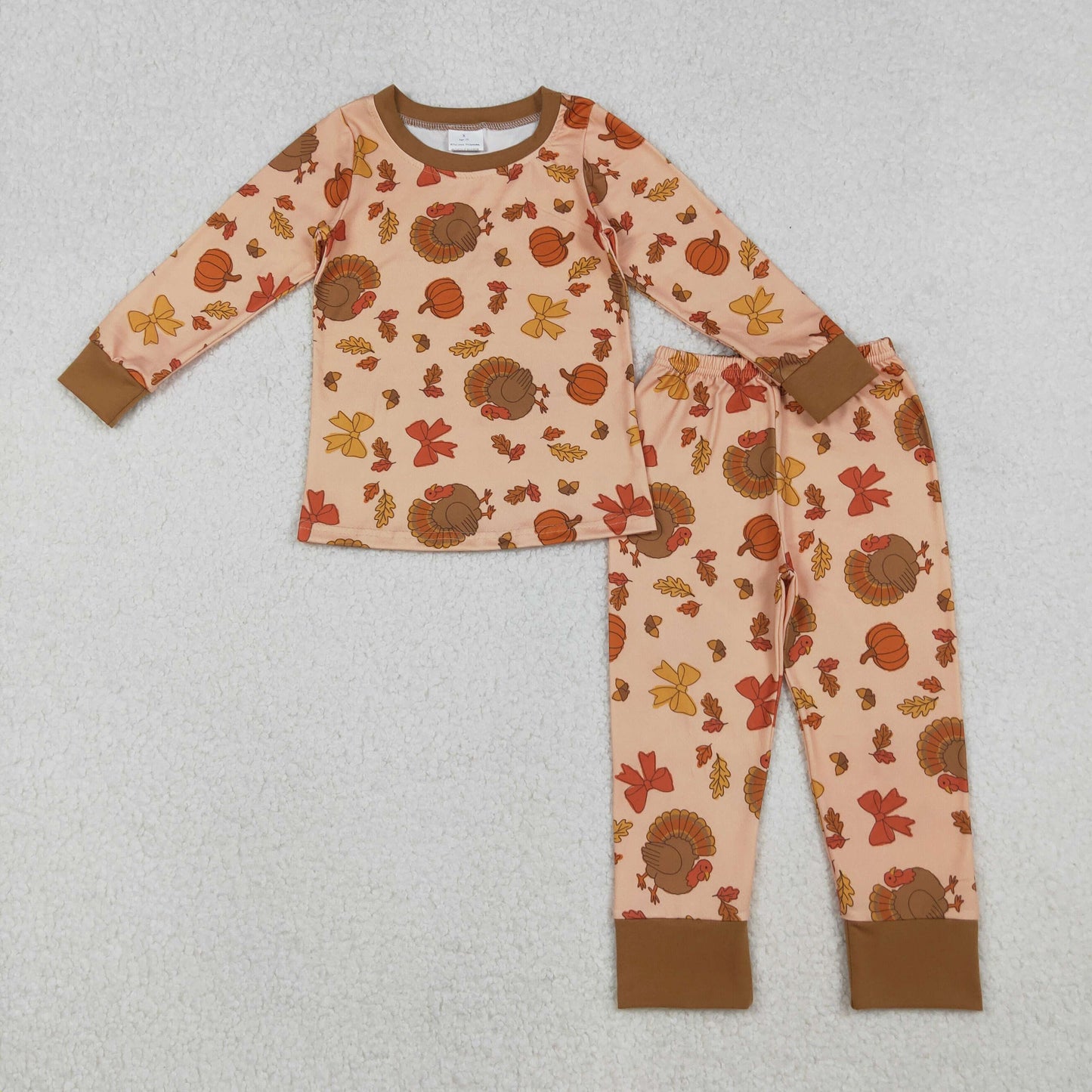 GLP2883 Baby Girls Turkey Pumpkins Bows Top Pants Thanksgiving Pajamas Sets
