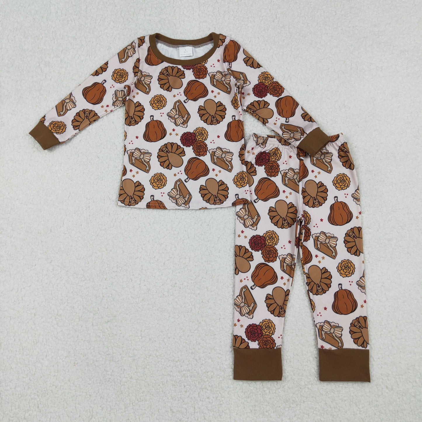 GLP2884 Baby Girls Turkey Pumpkins Top Pants Thanksgiving Pajamas Sets