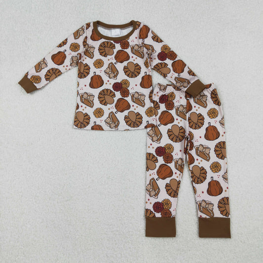 GLP2884 Baby Girls Turkey Pumpkins Top Pants Thanksgiving Pajamas Sets