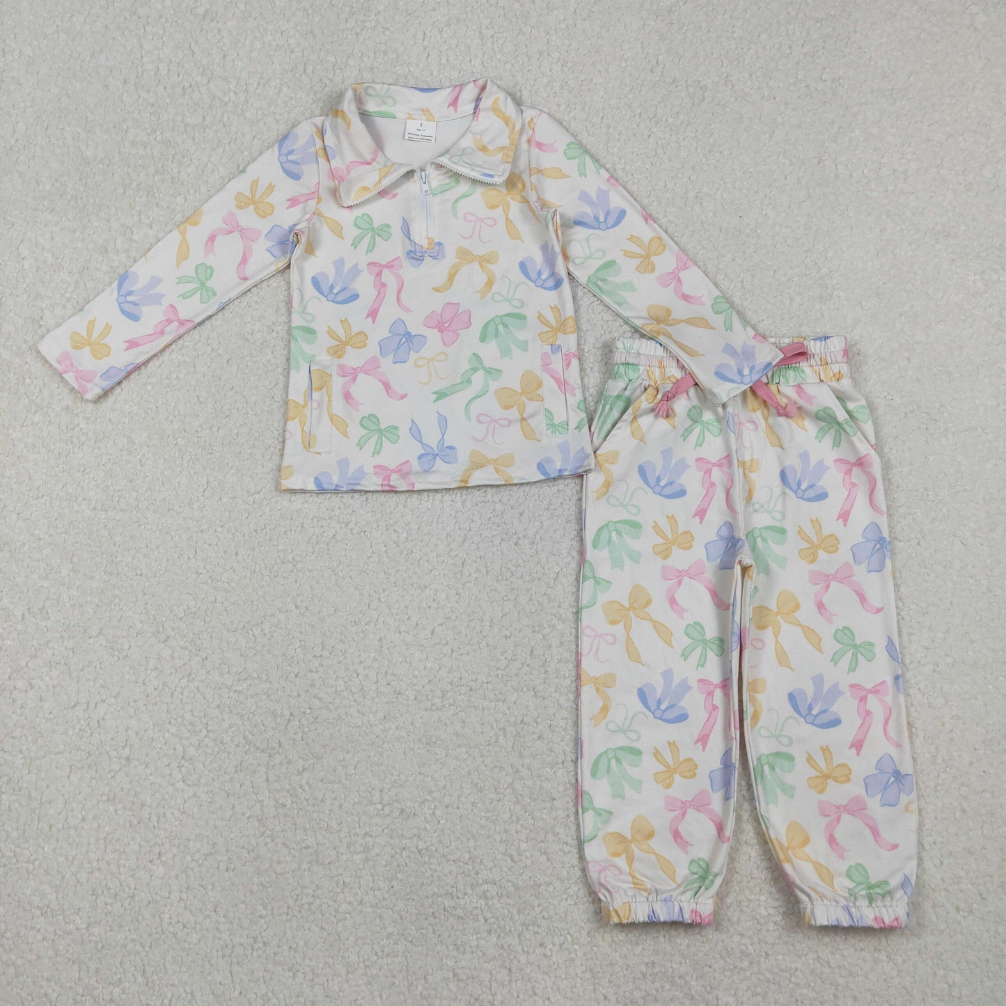 GLP2886 Baby Girls Colorful Bows Plaid Zipper Pullovers Pockets Jogger Pants Clothes Sets