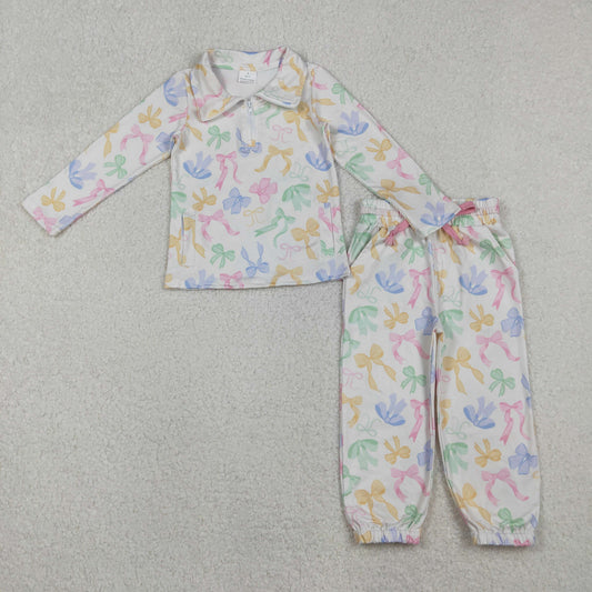 GLP2886 Baby Girls Colorful Bows Plaid Zipper Pullovers Pockets Jogger Pants Clothes Sets