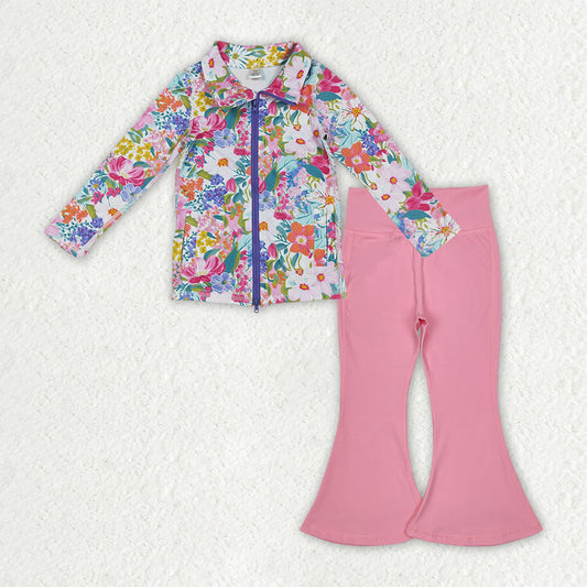 GLP2893 Baby Girls Floral Zipper Jacket Pink Bell Bottom Pants Yoga Active Clothes Sets