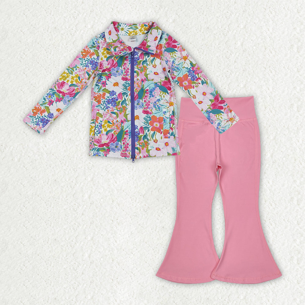 Sibling Baby Girls Long Sleeve Zipper Pockets Jackets Bell Bottom Pants Yoga Active Clothes Sets