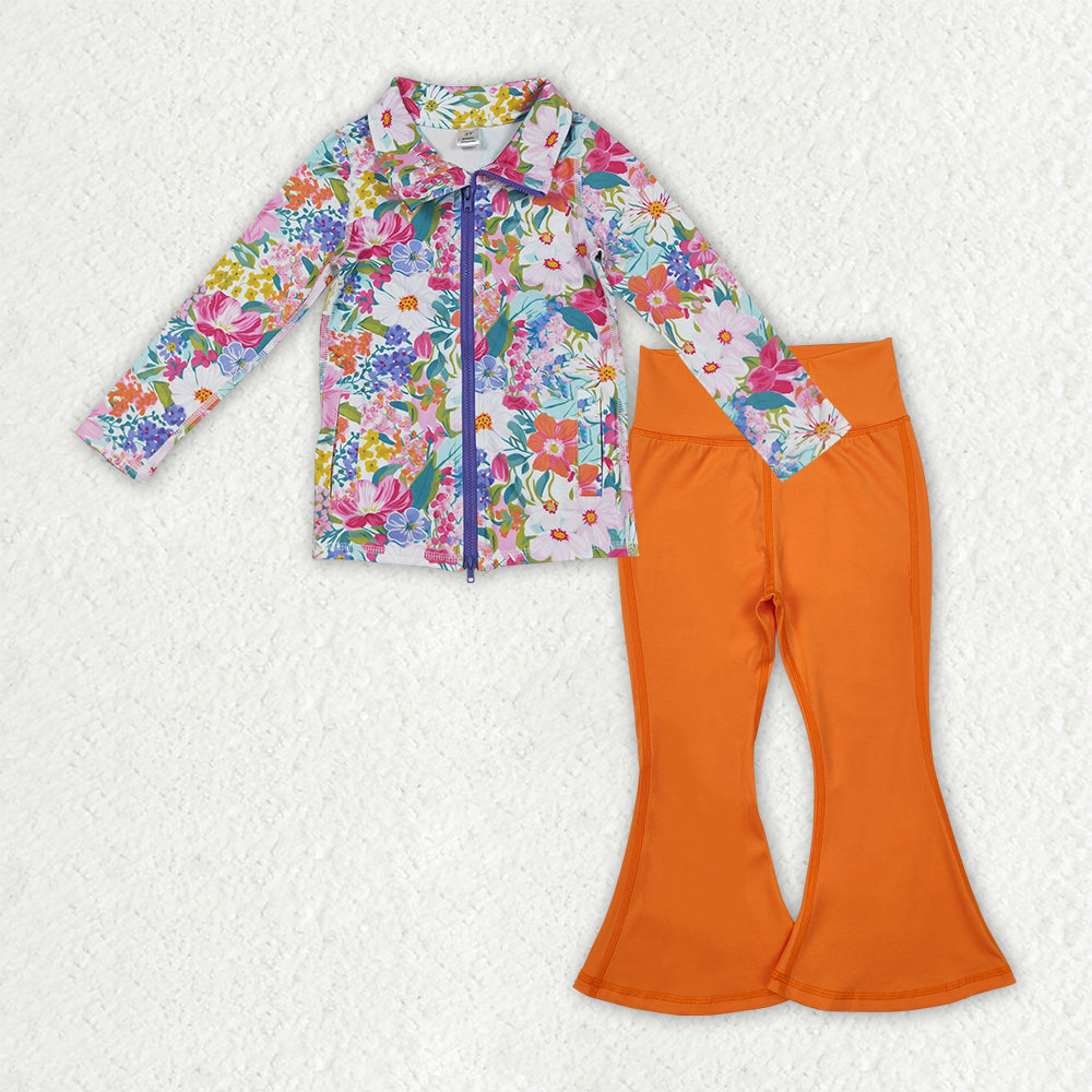 Sibling Baby Girls Long Sleeve Zipper Pockets Jackets Bell Bottom Pants Yoga Active Clothes Sets