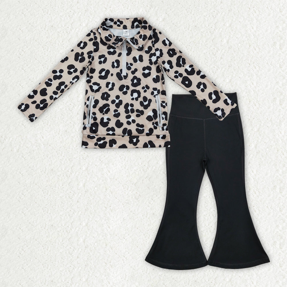 GLP2900 Baby Girls Black Leopard Zipper Jacket Bell Bottom Pants Yoga Active Clothes Sets