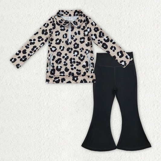 GLP2900 Baby Girls Black Leopard Zipper Jacket Bell Bottom Pants Yoga Active Clothes Sets
