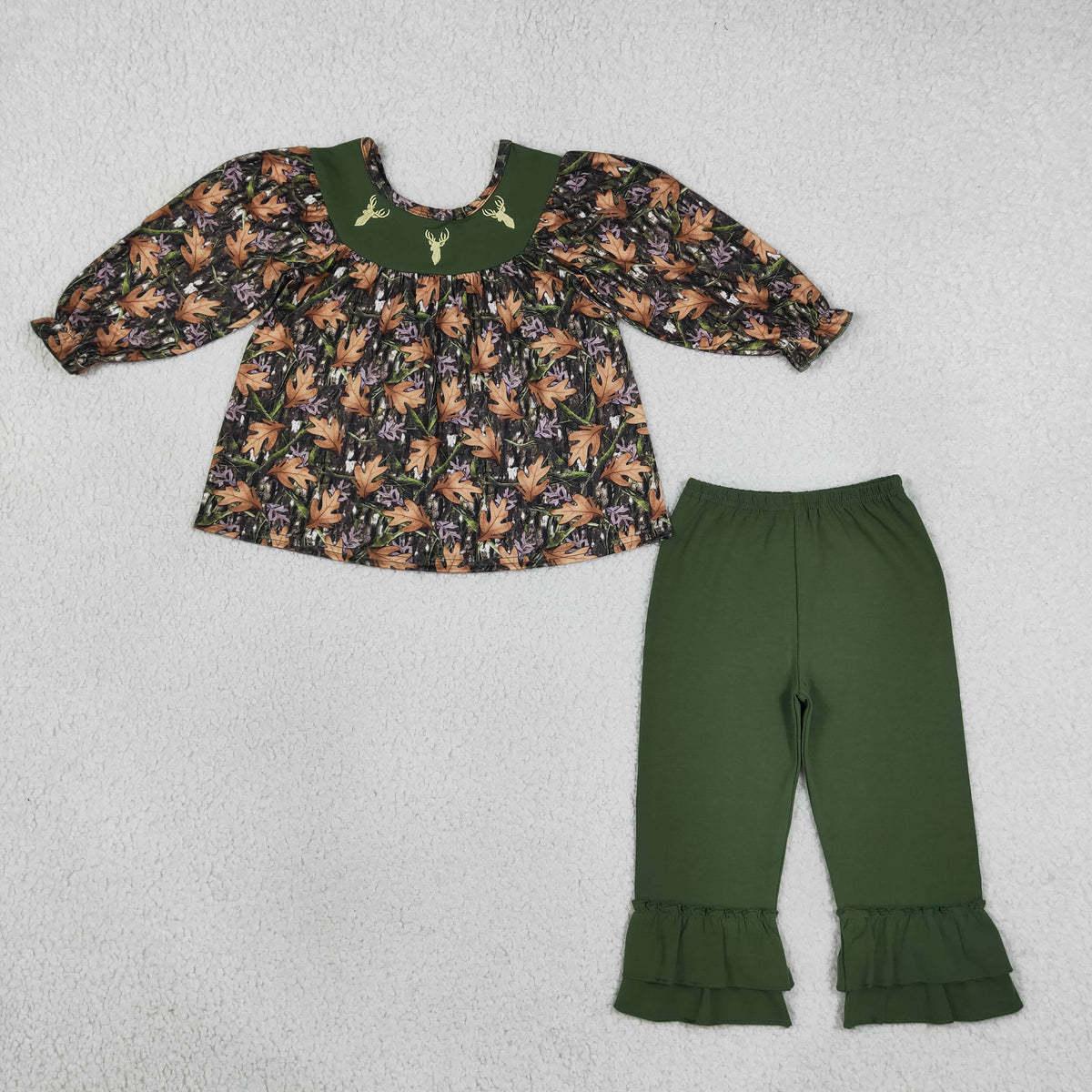 GLP2908 Baby Girls Embroidery Deer Leaves Camo Tunic Ruffle Pant Fall Hunting Clothes Set