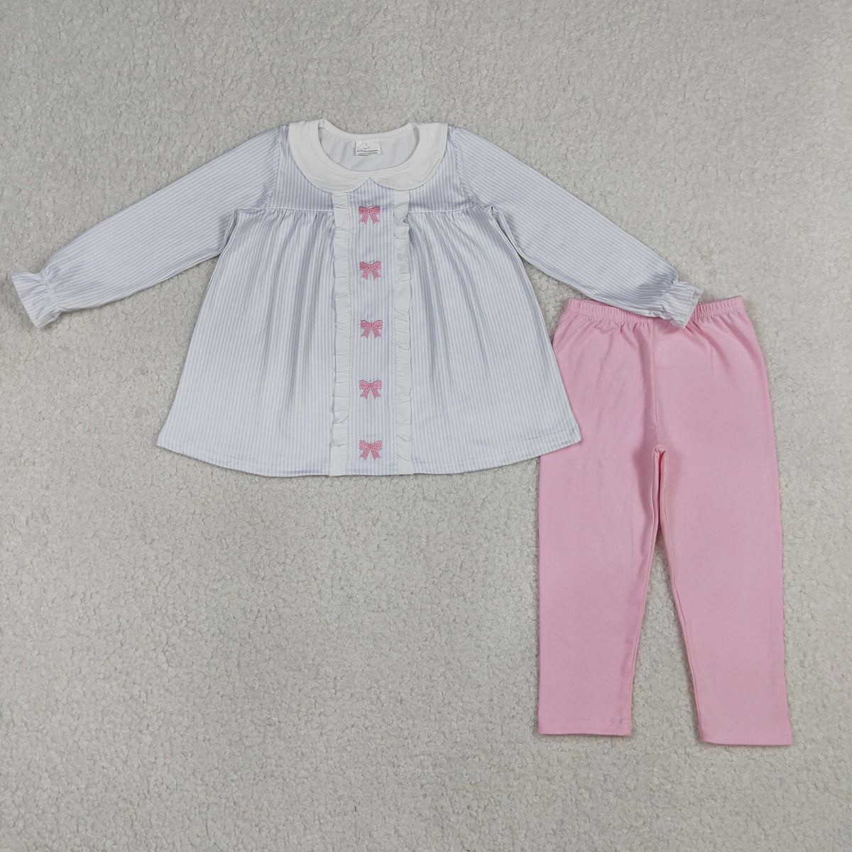 GLP2909 Baby Girls Embroidery Bows Blue Stripe Tunic Leggings Pant Clothes Set