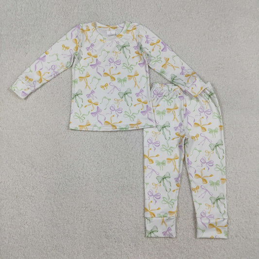GLP2921 Baby Girls Mardigras Bows Plaid Top Pants Pajamas Sets