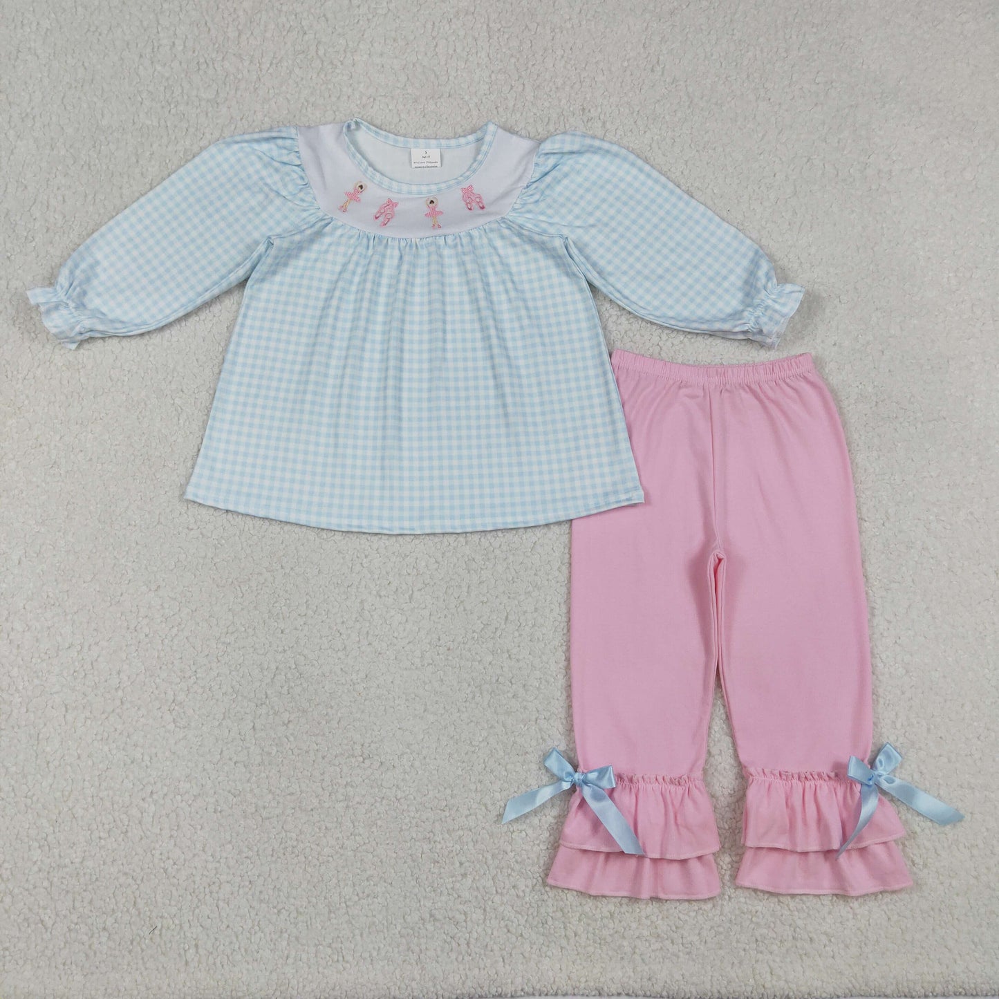 GLP2925 Baby Girls Embroidery Bows Dancers Checked Tunic Ruffle Pants Clothes Sets