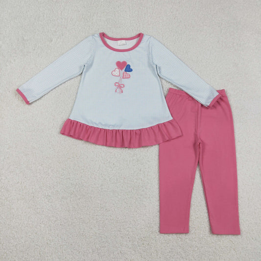 GLP2929 Baby Girls Embroidery Bows Hearts Ruffle Tunic Leggings Valentines Clothes Sets