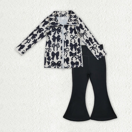 GLP2931 Baby Girls Black Bows Plaid Zipper Jacket Bell Bottom Pants Yoga Active Clothes Sets