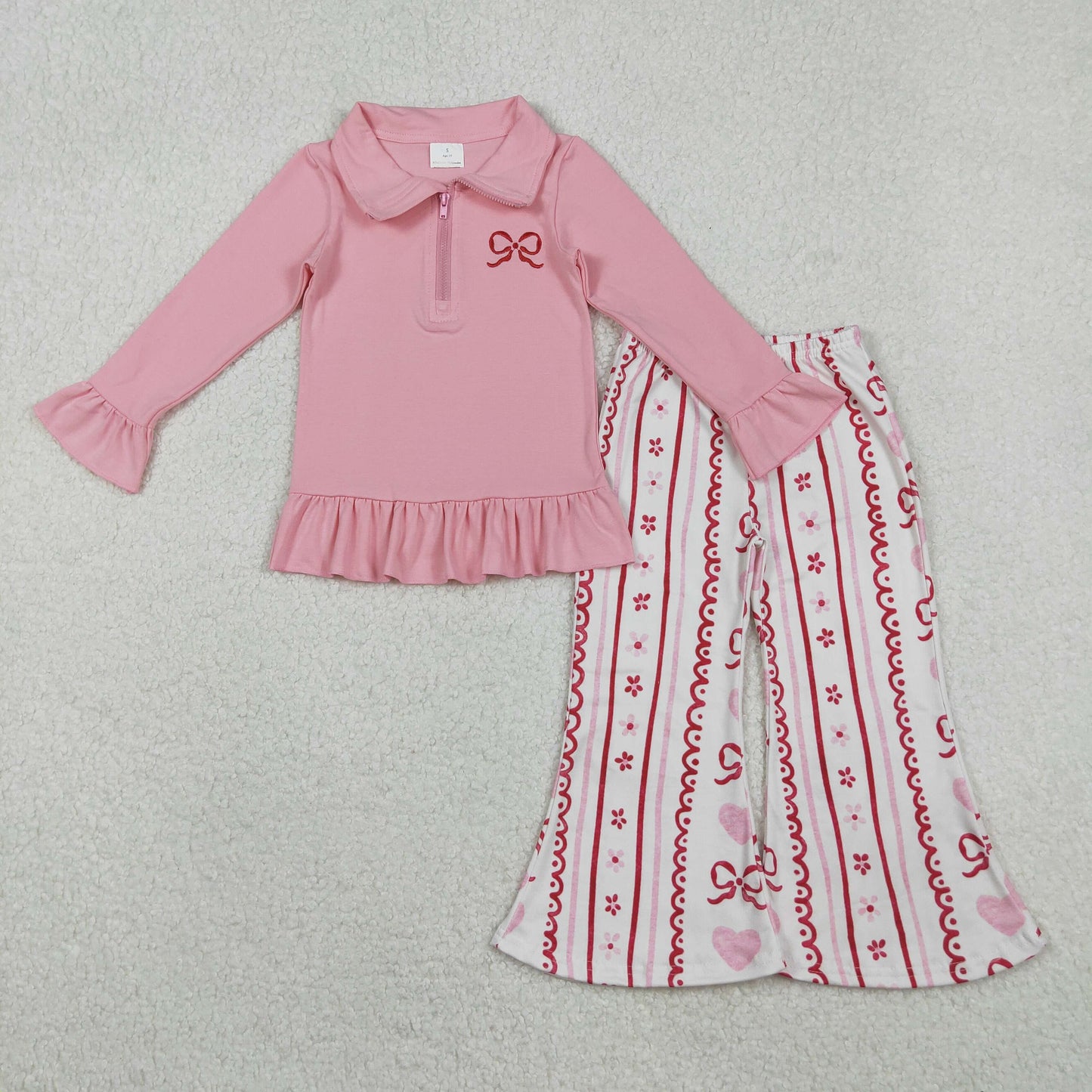 Sibling Baby Girls Embroidery Hearts Bows Zip Pullovers Flare Pants Valentines Clothes Sets