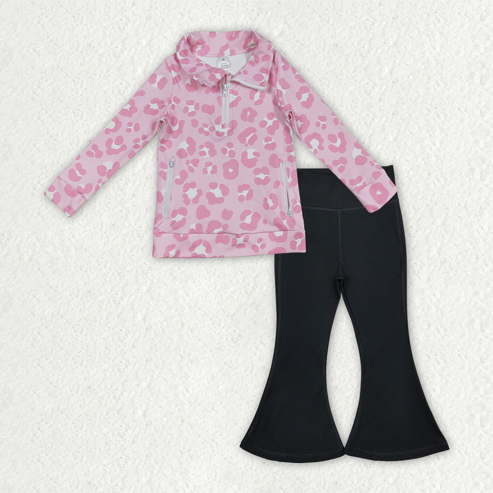 GLP2943 Baby Girls Leopard Zipper Jacket Black Bell Bottom Pants Yoga Active Clothes Sets