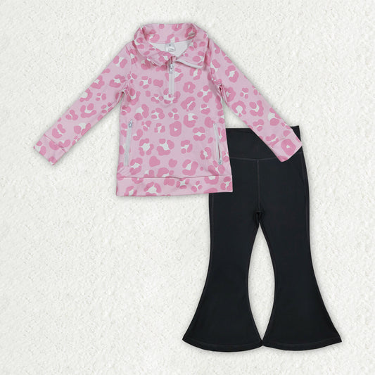 GLP2943 Baby Girls Leopard Zipper Jacket Black Bell Bottom Pants Yoga Active Clothes Sets