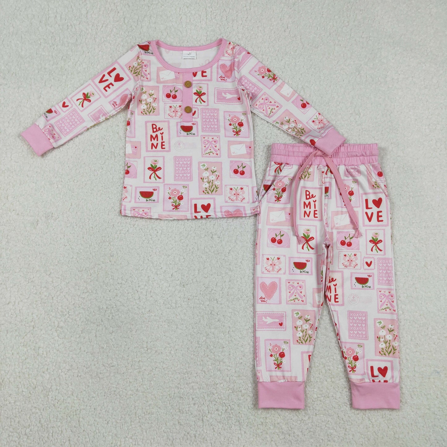 GLP2946 Baby Girls Pink Hearts Flowers Checked Top Pockets Jogger Valentines Clothes Sets