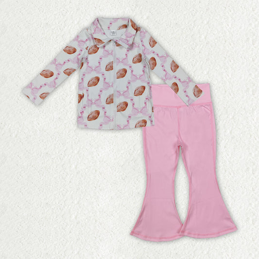 GLP2969 Baby Girls Pink Bows Football Zipper Jacket Bell Bottom Pants Yoga Active Clothes Sets