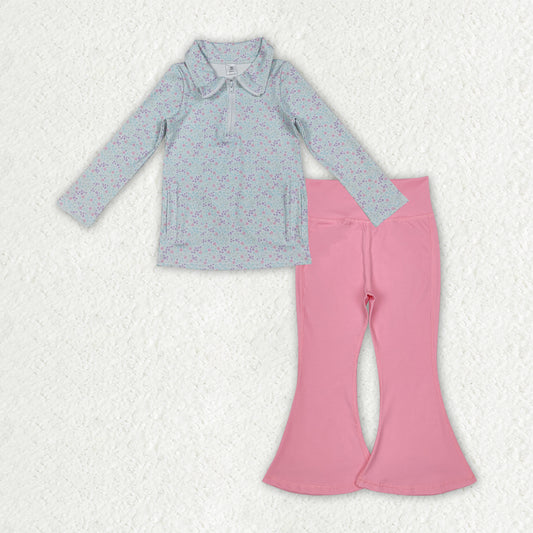 GLP2970 Baby Girls Floral Zipper Jacket Pink Bell Bottom Pants Yoga Active Clothes Sets