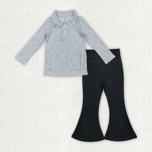 GLP2972 Baby Girls Floral Zipper Jacket Black Bell Bottom Pants Yoga Active Clothes Sets