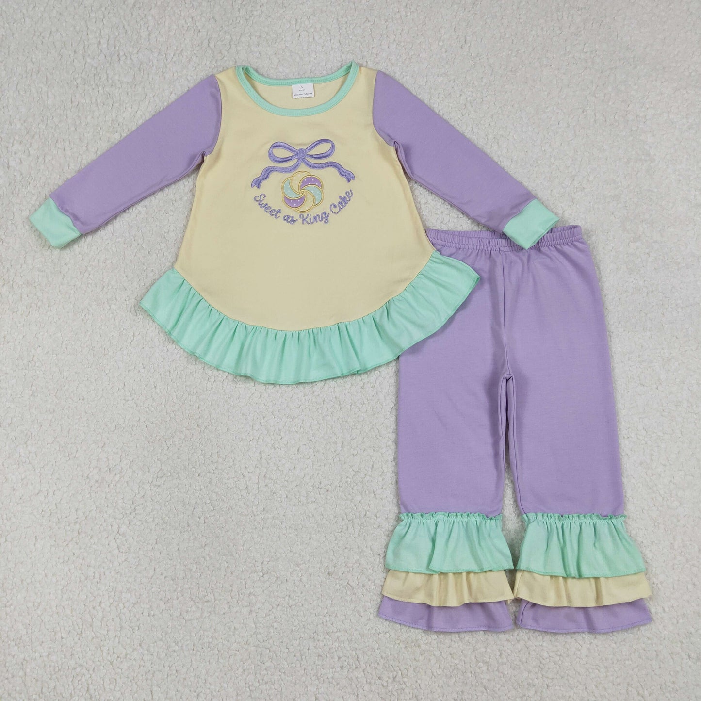 GLP2979 Baby Girls Embroidery Sweet as King Cake Tunic Ruffle Pants Mardigras Clothes Sets