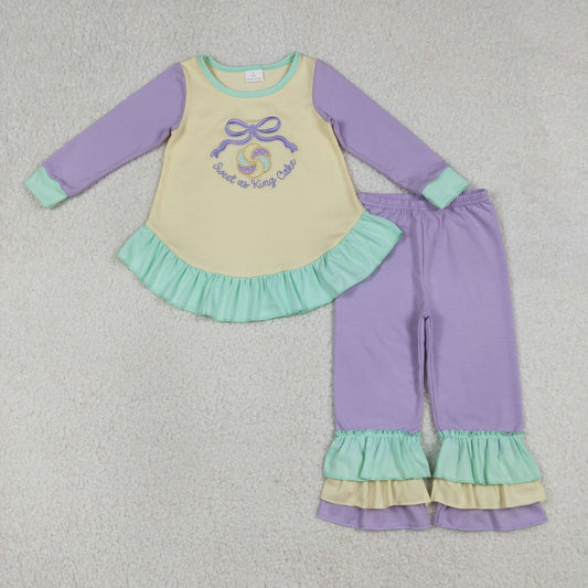GLP2979 Baby Girls Embroidery Sweet as King Cake Tunic Ruffle Pants Mardigras Clothes Sets