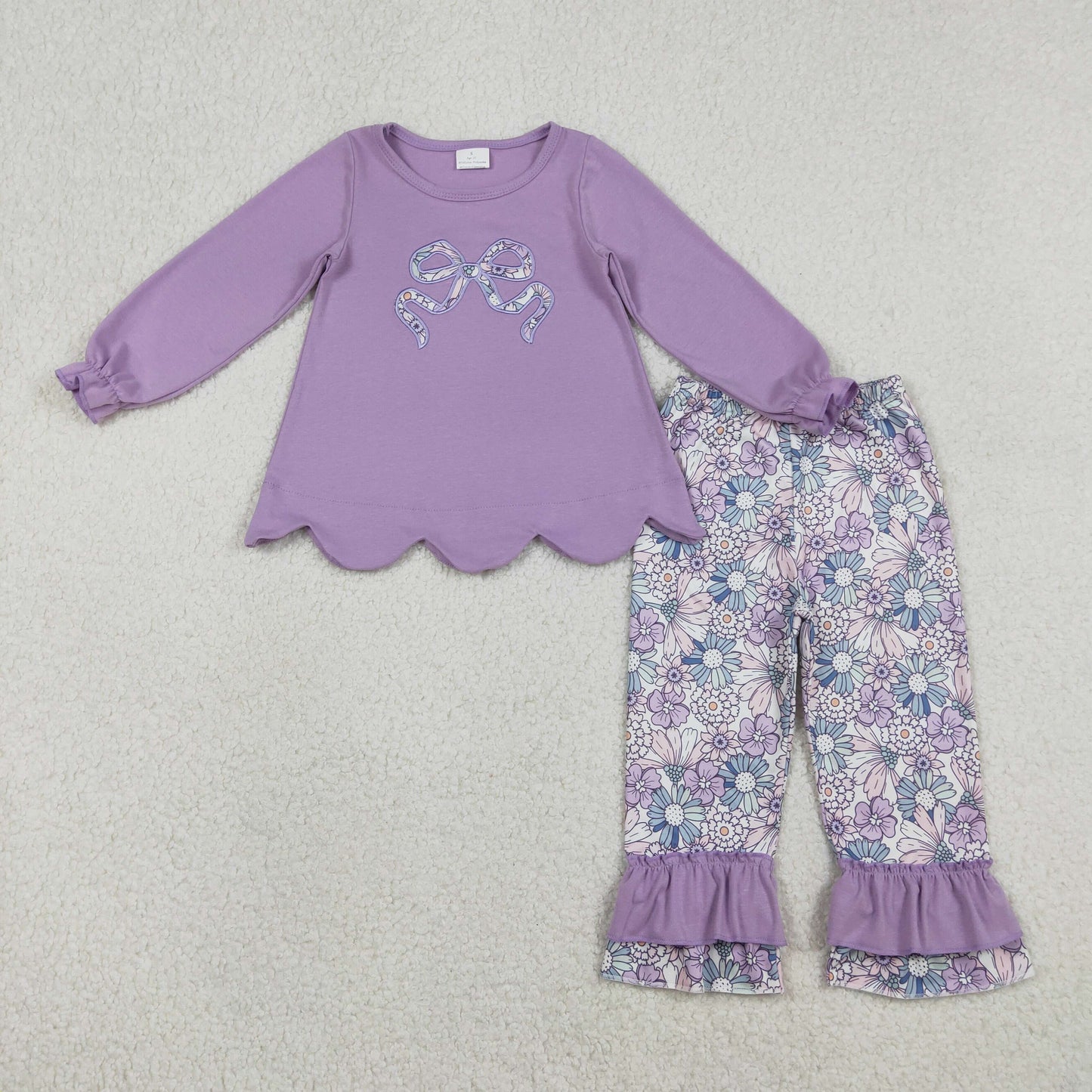 GLP3019 Baby Girls Embroidery Floral Bows Scallop Tunic Ruffle Pants Clothes Sets