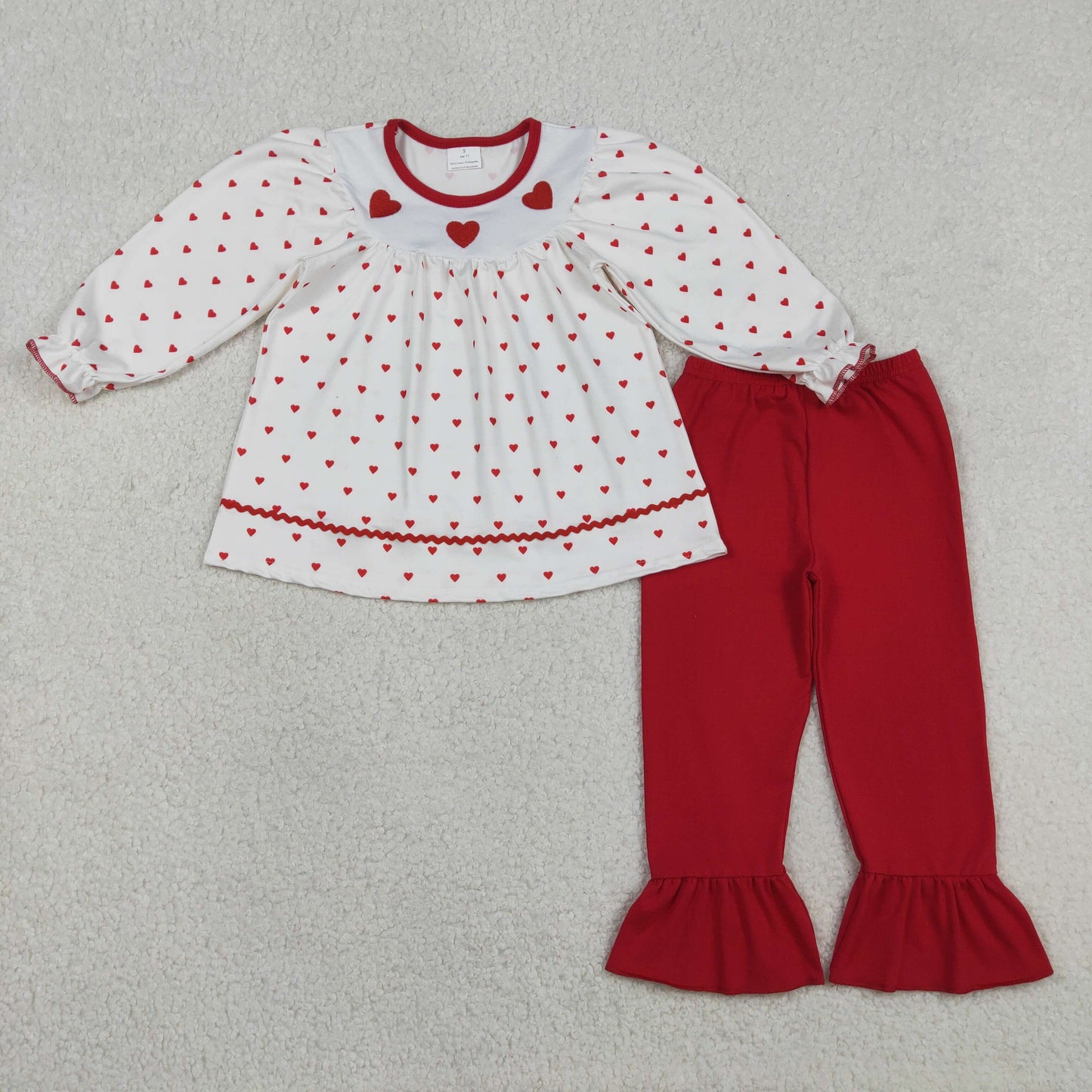 GLP3039 Baby Girls Embroidery Hearts Tunic Ruffle Pants Valentines Clothes Sets