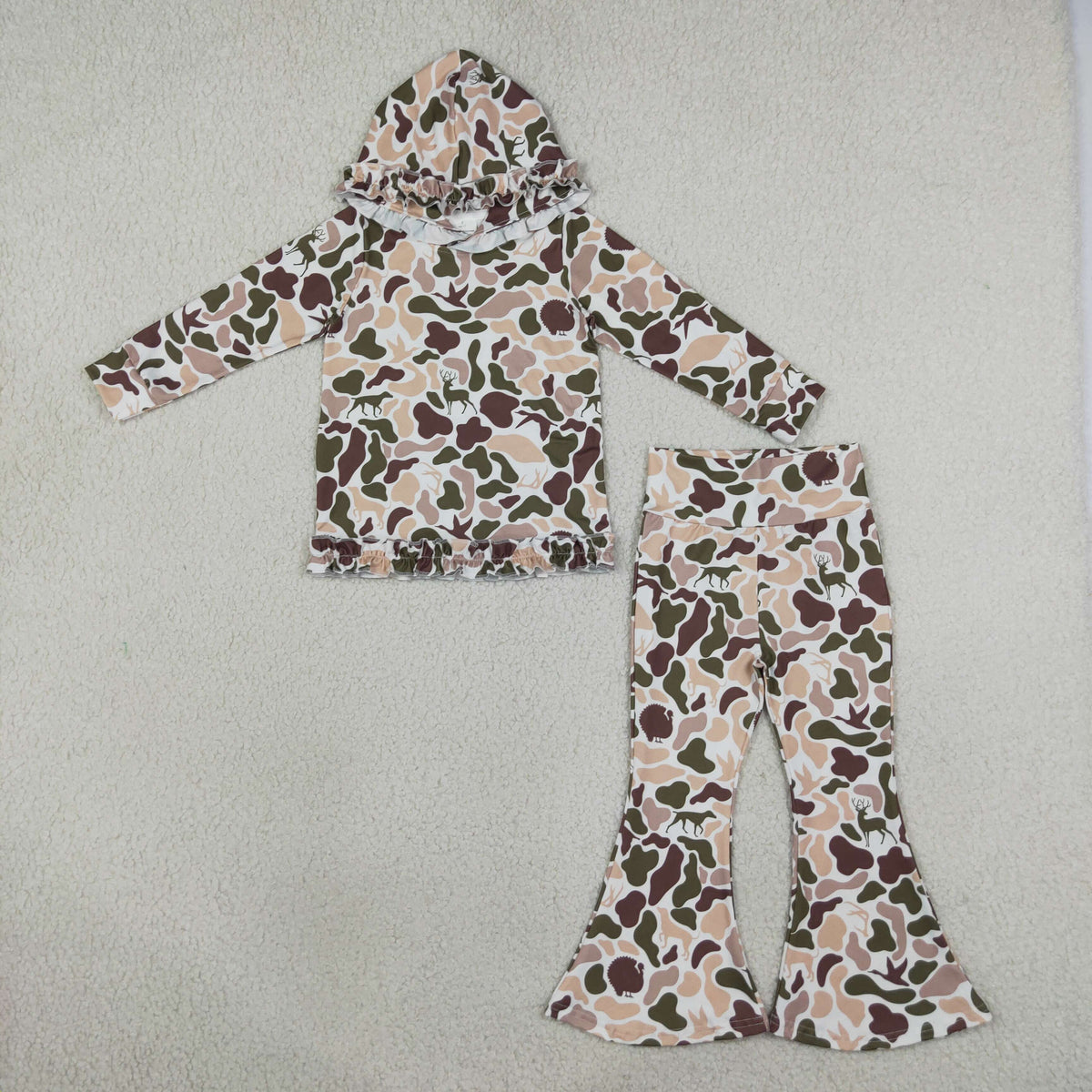 Sibling Baby Girls Dogs Ducks Deer Camo Ruffle Hoodie Bell Bottom Pant Clothes Set