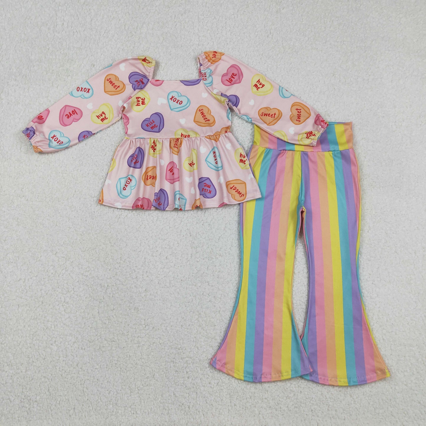 GLP3118 Baby Girls Colorful Hearts XOXO Tunic Stripe Bell Bottom Pants Valentines Clothes Sets