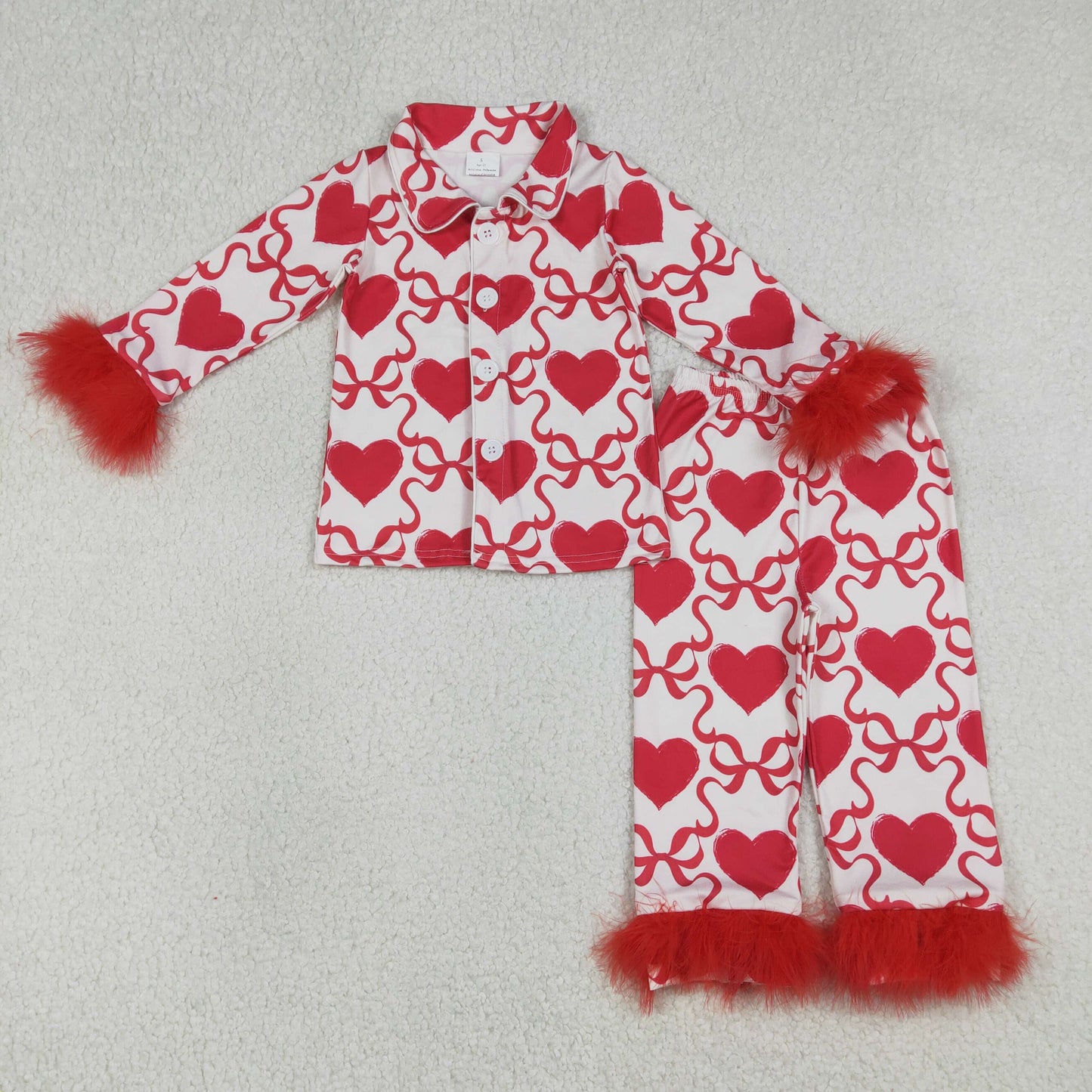 GLP3221 Baby Girls Red Bows Hearts Checked Button Top Pants Valentines Fur Sleeve Pajamas Sets