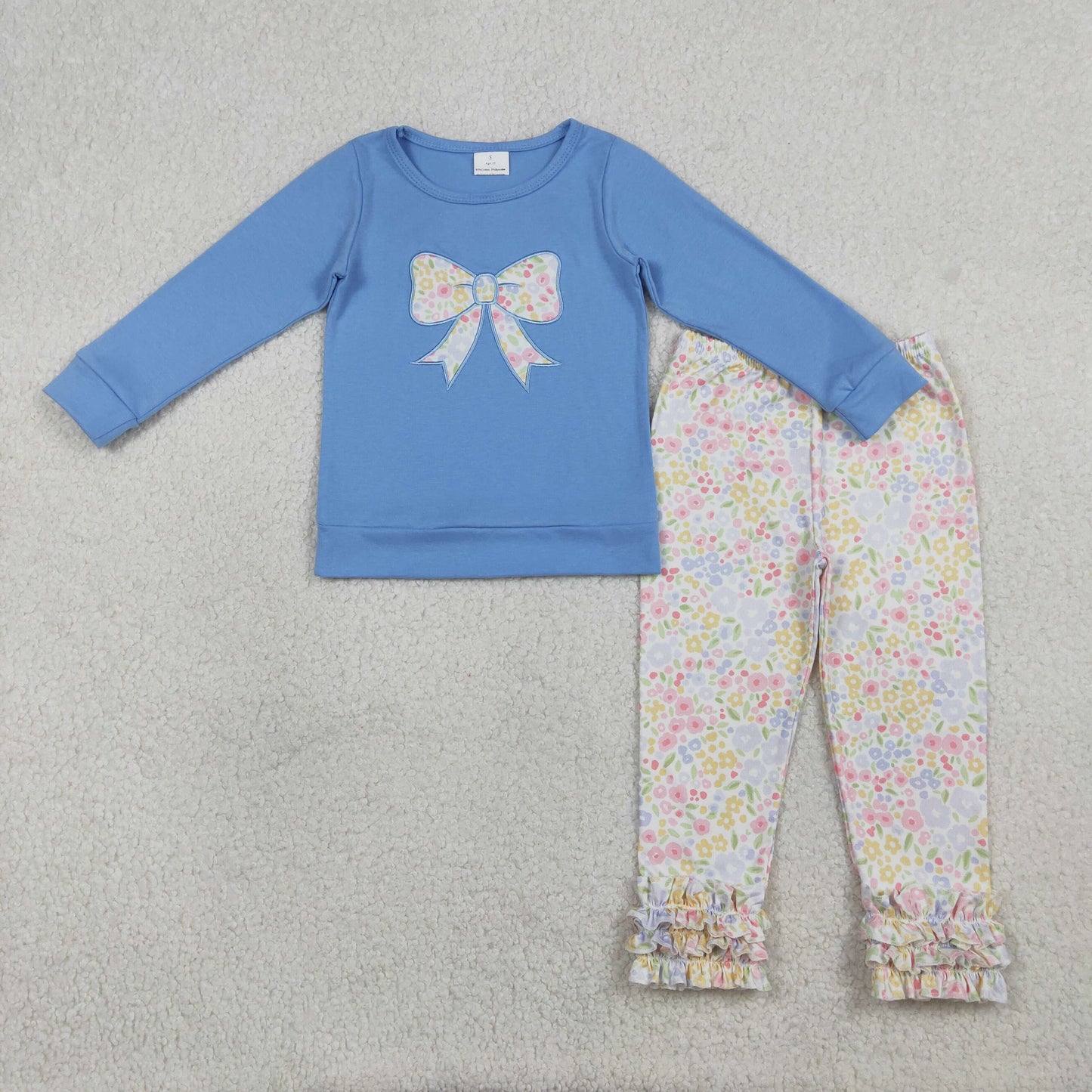 GLP3243 Baby Girls Embroidery Floral Bows Top Ruffle Pants Clothes Sets