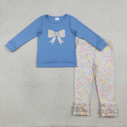 GLP3243 Baby Girls Embroidery Floral Bows Top Ruffle Pants Clothes Sets
