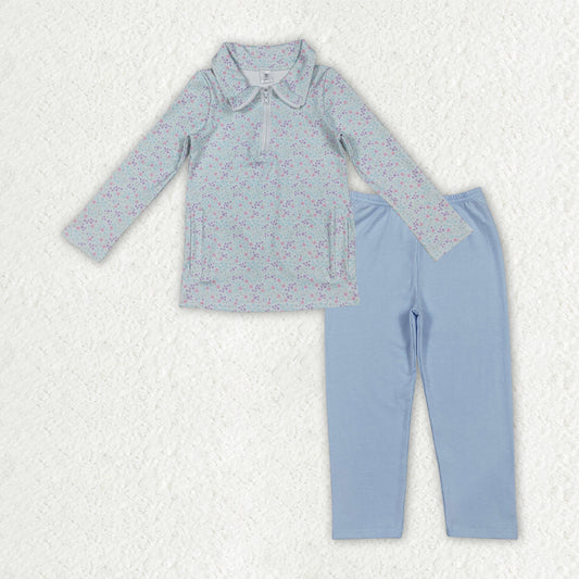 GLP3246 Baby Girls Blue Floral Zip Pockets Yoga Active Pullovers Legging Pants Clothes Sets