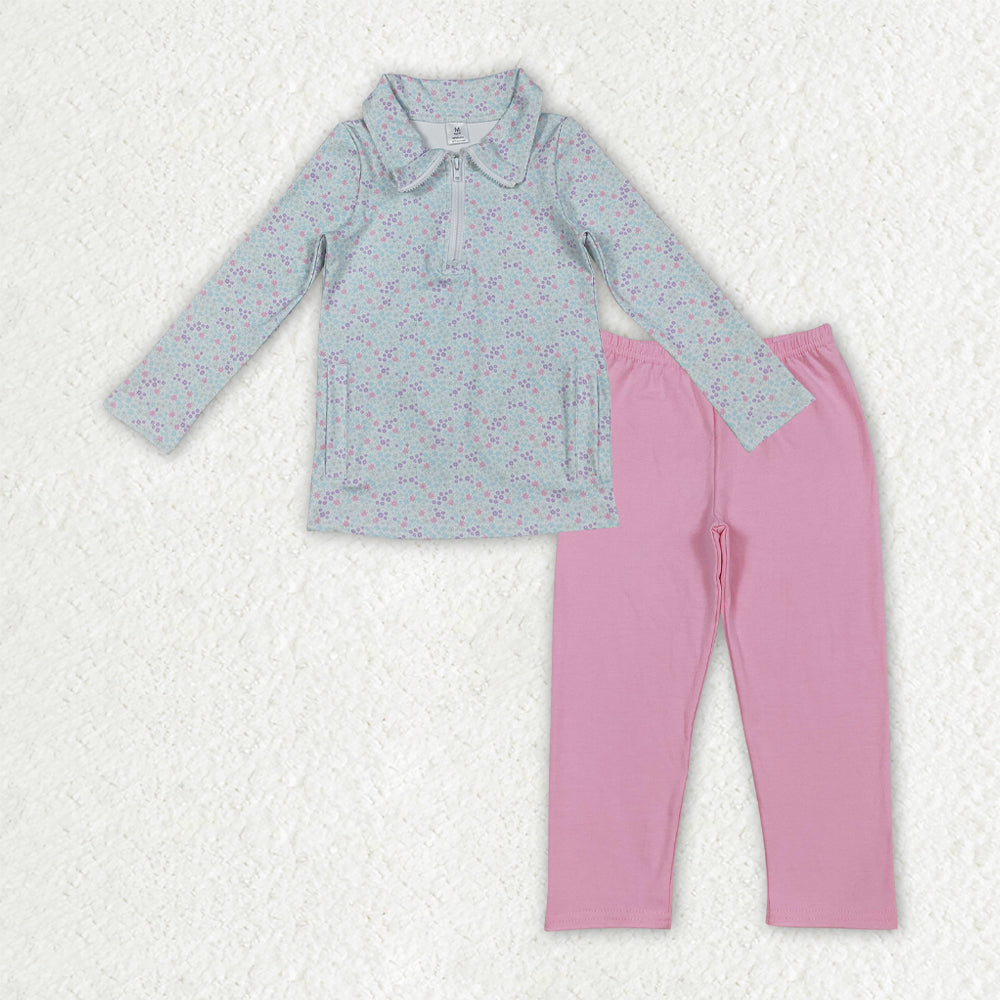 GLP3247 Baby Girls Blue Floral Zip Pockets Yoga Active Pullovers Pink Legging Pants Clothes Sets