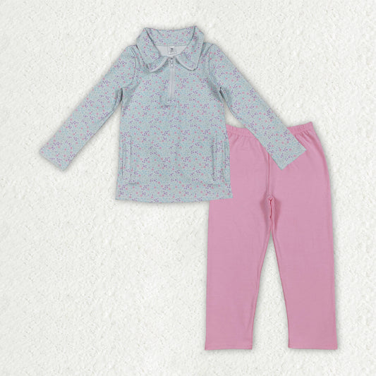 GLP3247 Baby Girls Blue Floral Zip Pockets Yoga Active Pullovers Pink Legging Pants Clothes Sets