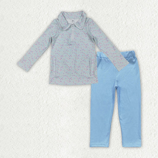 GLP3248 Baby Girls Blue Floral Zip Pockets Yoga Active Pullovers Legging Pants Clothes Sets