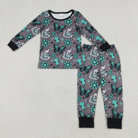 GLP3254 Baby Girls Mamas Cowgirl Butterfly Turquoises Top Pants Western Pajamas Set