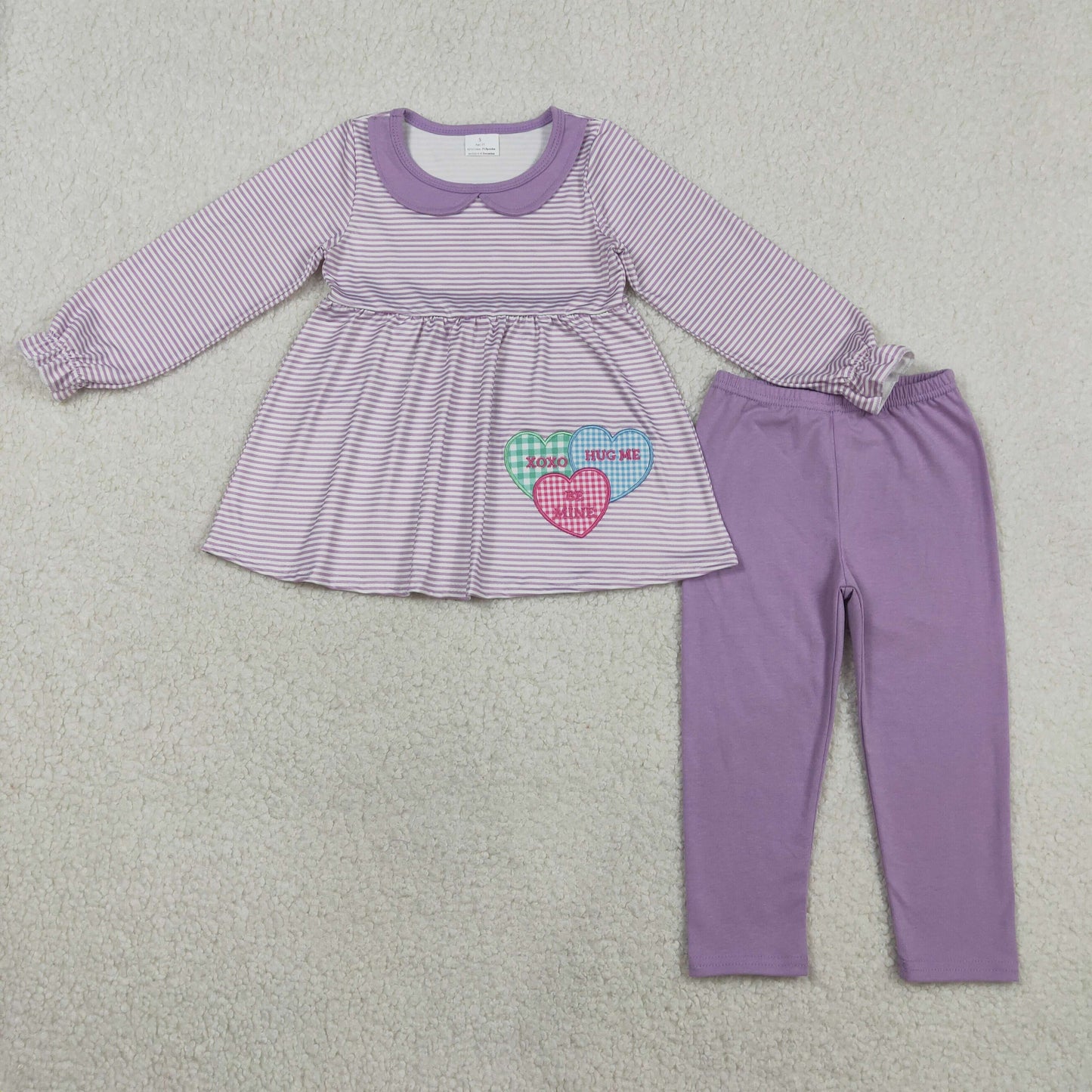 GLP3262 Baby Girls Embroidery Hearts Purple Stripe Collar Tunic Leggings Valentines Clothes Sets