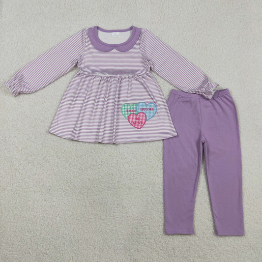 GLP3262 Baby Girls Embroidery Hearts Purple Stripe Collar Tunic Leggings Valentines Clothes Sets