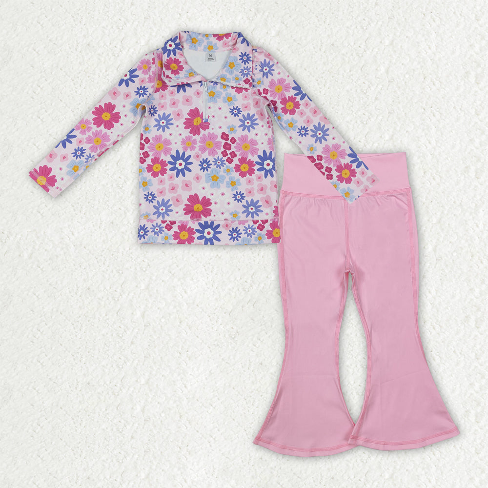 GLP3273 Baby Girls Colorful Flowers Zipper Pullovers Pink Bell Bottom Pants Yoga Active Clothes Sets