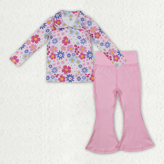 GLP3273 Baby Girls Colorful Flowers Zipper Pullovers Pink Bell Bottom Pants Yoga Active Clothes Sets