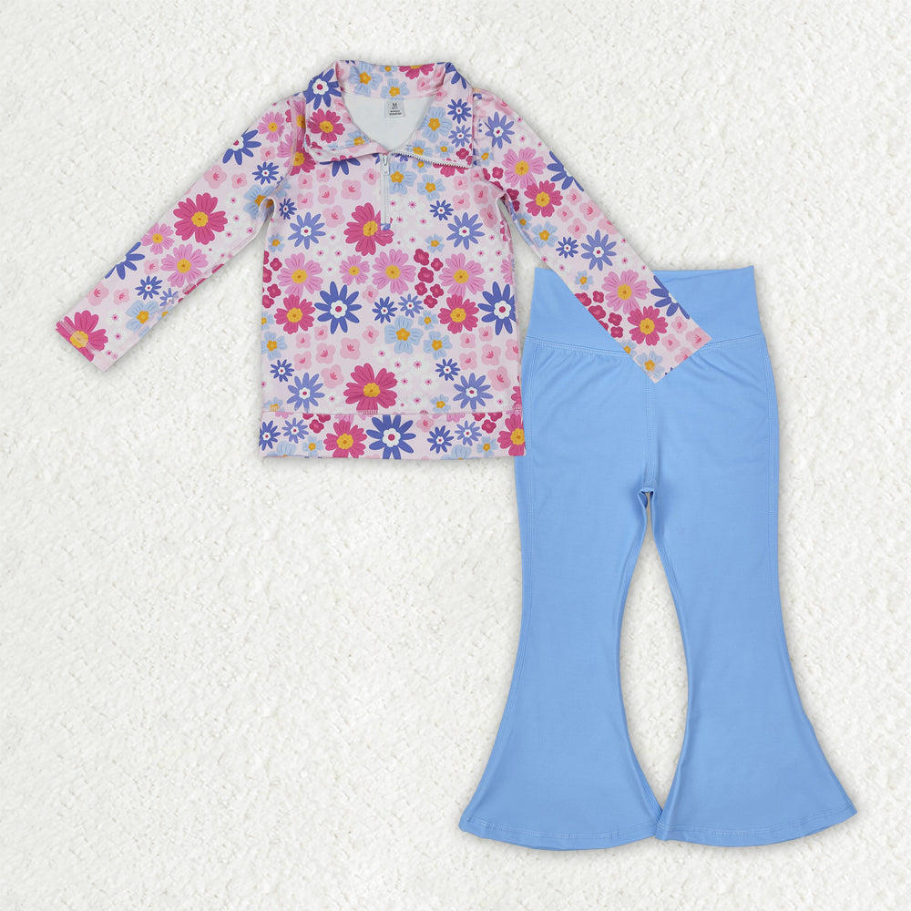 GLP3274 Baby Girls Colorful Flowers Zip Pullovers Blue Bell Bottom Pants Yoga Active Clothes Sets